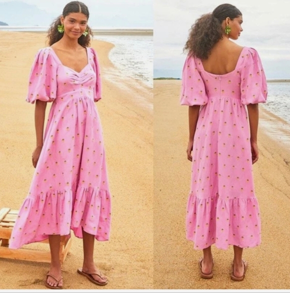 FARM RIO Embroidered Pineapples Midi Dress In Pink Size Xs - Picture 4 of 15
